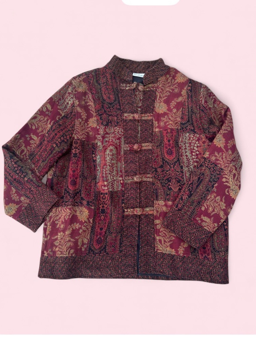 Vintage 80s/90s Boho Ornate Maroon Patchwork Paisley Jacket -unique buttons - XL